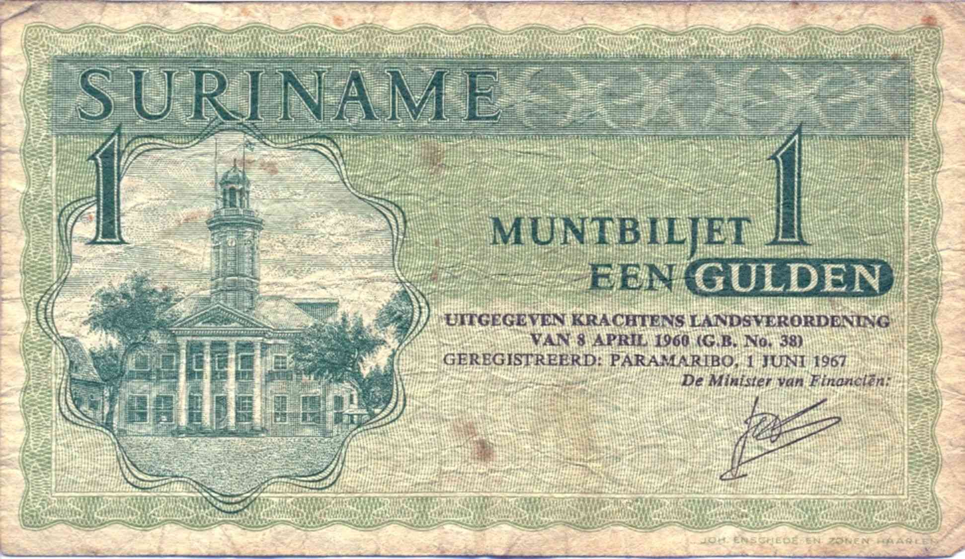 Suriname 1 Gulden 1974 UNC P 116d w/ UN FDI FLAG STAMP prefix KC