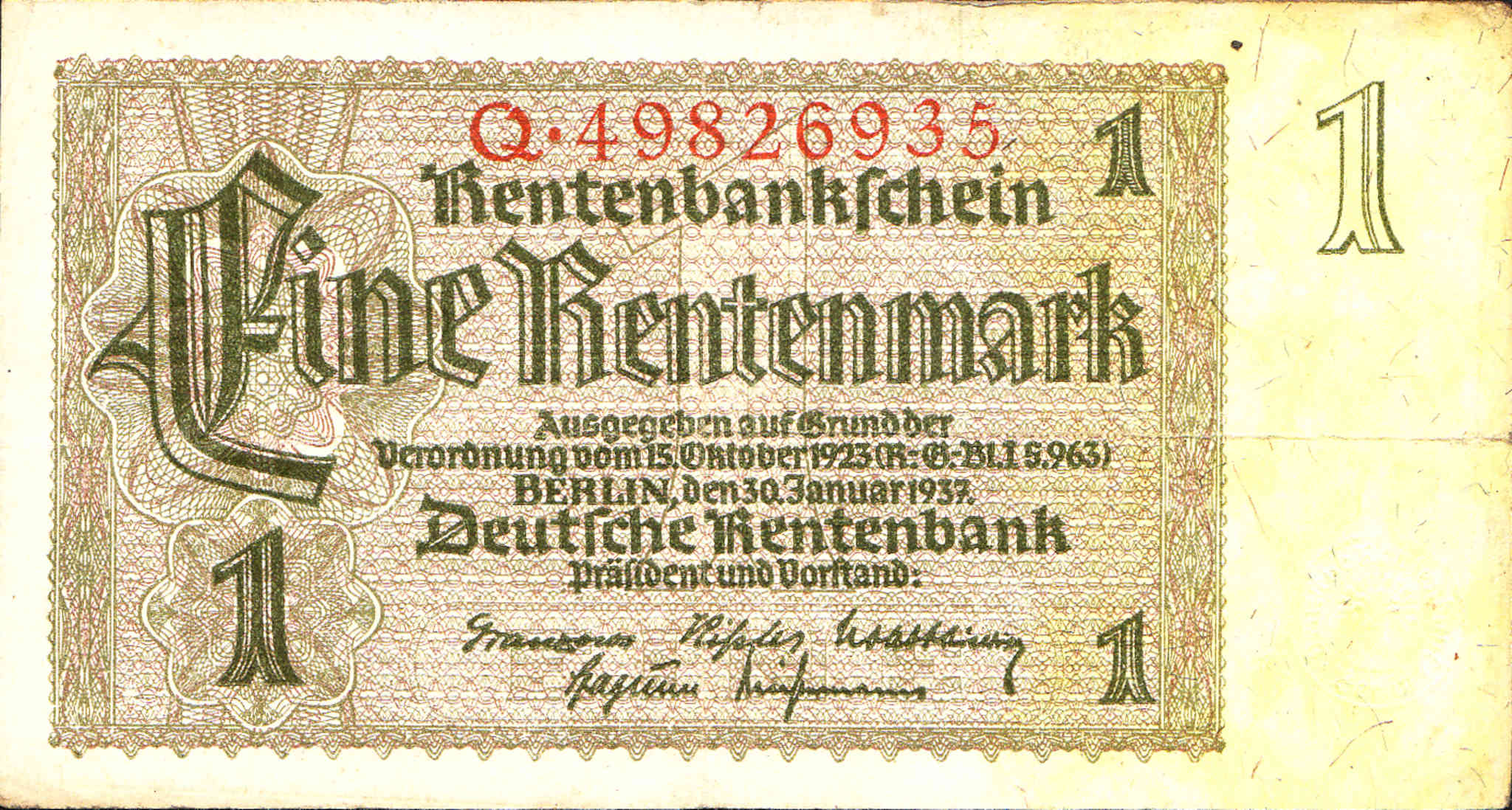 Germany 1 Rentenmark 1937 P-173b Banknotes UNC