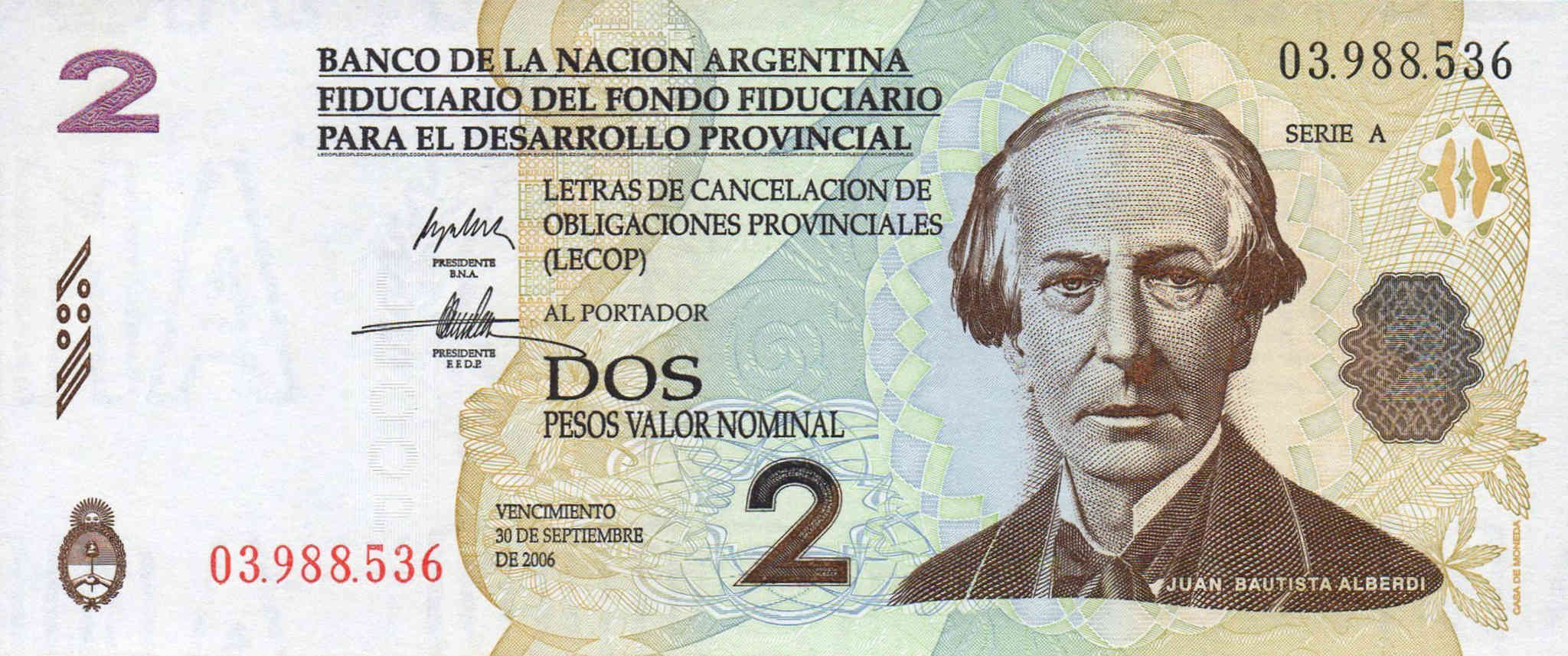 ARGENTINA 2 Pesos Banknote Paper Money World Currency NP Regional Issue 2006