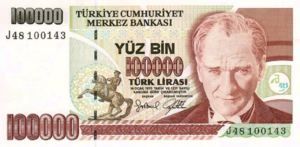 Turkey, 100,000 Lira, P206 Sign.1