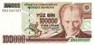 Turkey, 100,000 Lira, P206 Sign.2