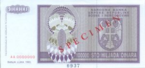 Bosnia and Herzegovina, 100,000 Dinar, P141s