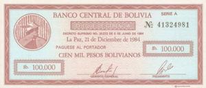 Bolivia, 100,000 Peso Boliviano, P188