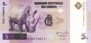 Congo Democratic Republic, 5 Franc, P86a