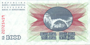 Bosnia and Herzegovina, 1,000 Dinar, P15a