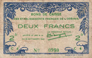 French Oceania, 2 Franc, P12d, LOT 28998, 1313d