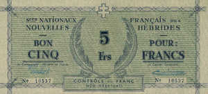 New Hebrides, 5 Franc, P1, 706b, 1701b